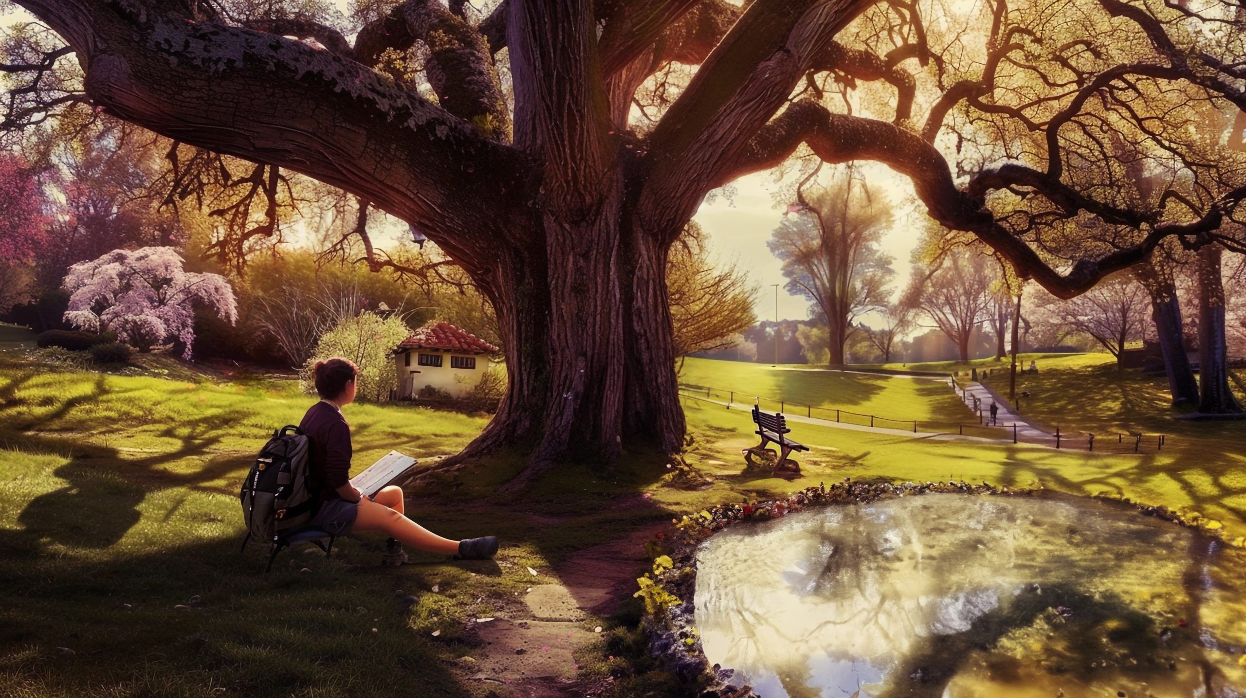 Primavera y nostalgia bajo el viejo roble con una cámara y un libro